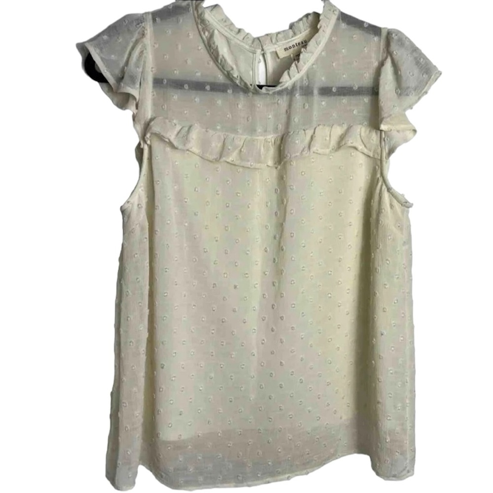 Monteau Los Angeles Large Ivory Dot Sleeveless Flutter Blouse Lined